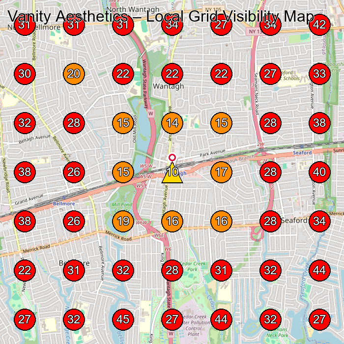 Vanity Aesthetics GeoGrid visibility map for Medical Spa in Seaford